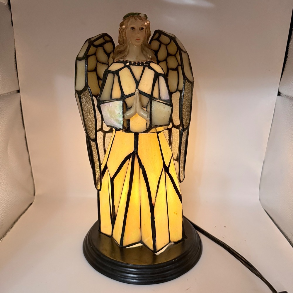 Stained Glass Angel Table Lamp Iridescent Slag Glass Praying Figurine Nightlight